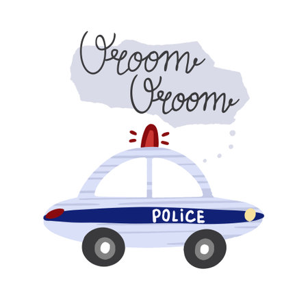 Passenger car. isolated car with blue siren. emergency police car. hand drawn cartoon style, vector illustration.のイラスト素材