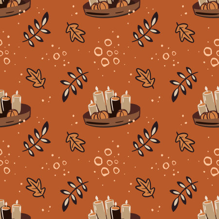 Vector seamless pattern with leaves and candles on an orange background. Thanksgiving themeのイラスト素材