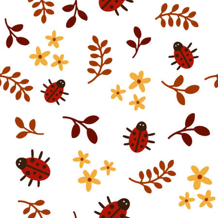 Vector seamless pattern with leaves and ladybug on a White background. Autumn themeのイラスト素材