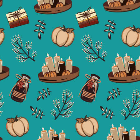Seamless pattern with pumpkins, leaves, Candles and books on a blue backgroundのイラスト素材