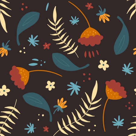 Beautiful dark Autumn seamless pattern vector with yellow and green leaves. Vectorのイラスト素材