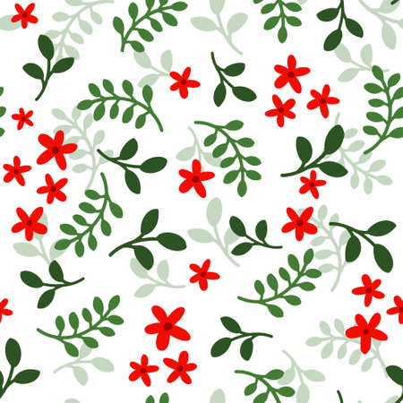 Seamless pattern with red flowers, branches and leaves on light background. Vector