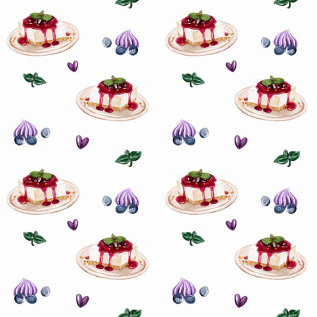 Watercolor seamless pattern. Hand drawn vintage background with sweet cheescakes, hearts and mint leaves. Vector design textureのイラスト素材