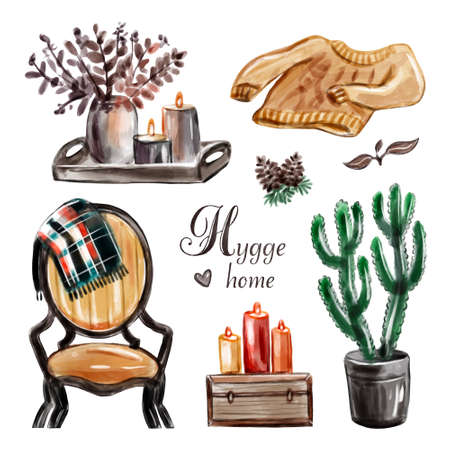 Vector set of autumn elements: sweater, candles, cozy armchair, cactus, cones, a tray with a vase and dried flowers. Album-collection of elements of the autumn season. Sweet home set. Autumn postcardのイラスト素材