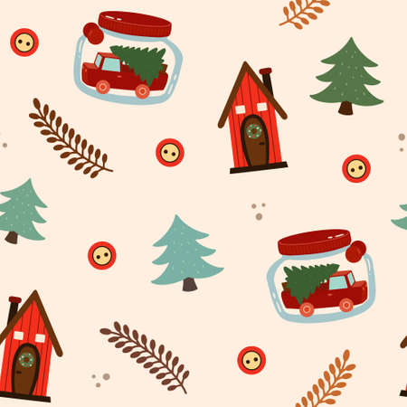 Lovely Christmas and New Year concept seamless pattern for winter holidays ornaments in bright...