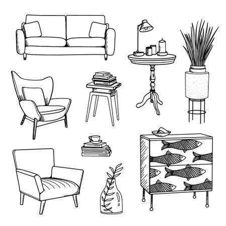 Doodle furniture. Vector set of the living room furniture. Hand-drawn styleのイラスト素材