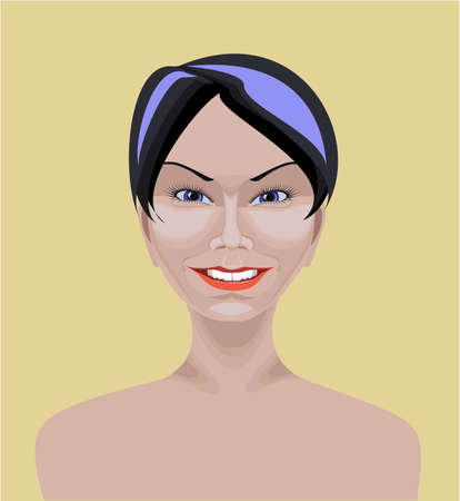 Beautiful white Asian girl with short straight black hair,  blue eyes and happy appearance  Drawn with path toolのイラスト素材