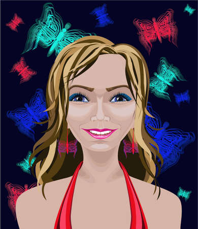 Beautiful white disco Caucasian woman with medium-length light brown wavy hair, blue eyes, red earrings  and smiling happy appearance  Drawn with path toolのイラスト素材