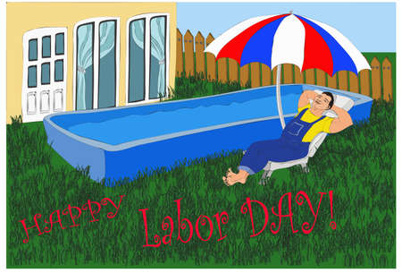 Relaxing happy worker asleep in deck chair near his swimming pool and his house under the parasol on a labor dayのイラスト素材