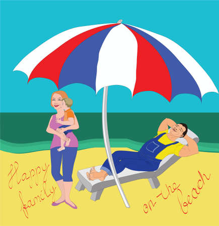 Relaxing happy worker asleep in deck chair near his wife, his son and the sea under the parasol on the beachのイラスト素材