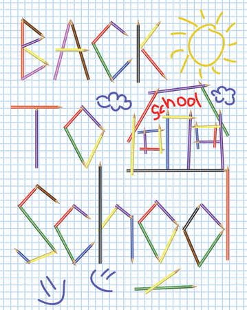 Differently colored pencils with eraser  on a graph paper  with funny child s drawing のイラスト素材