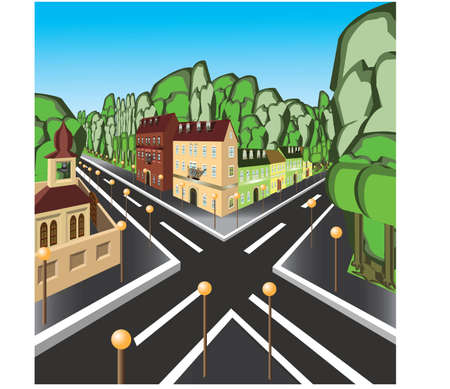 A beautiful street with old buildings, church and park. With streetlights, trees, road and blue sky.のイラスト素材