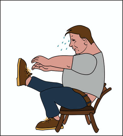 Fat man sitting on the chair can not tie shoelacesのイラスト素材