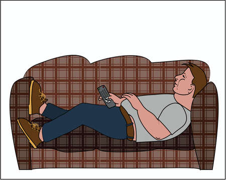 Fat man lying on the sofa with remoteのイラスト素材