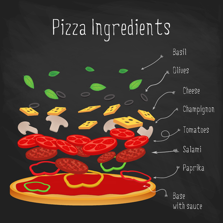 Pizza with ingredients on the chalkboard. Italian recipe.のイラスト素材