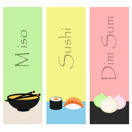 Sushi mini poster set with japanese meal fish and condiments isolated vector illustration.のイラスト素材