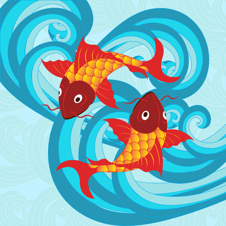 Vector illustration of a traditional Japanese carp fish on a background of blue sea wavesのイラスト素材