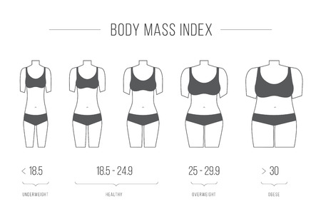 Body Mass Index illustration,female figure. Collection of female body types. Set of thick and thin figures. Thin line icons.のイラスト素材
