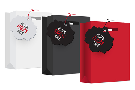 Black, white and red shopping bag with sales tag. Black friday sales tag. Discount and price, design label, offer and retail illustrationのイラスト素材