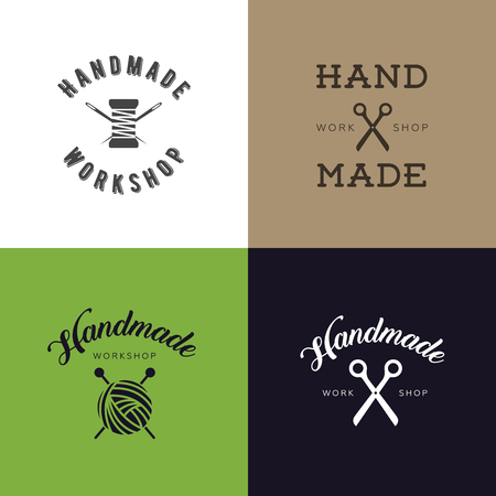 Set of vintage retro handmade badges, labels and logo elements, retro symbols for local sewing shop, knit club, handmade artist or knitwear company. Template logo. Vector.のイラスト素材