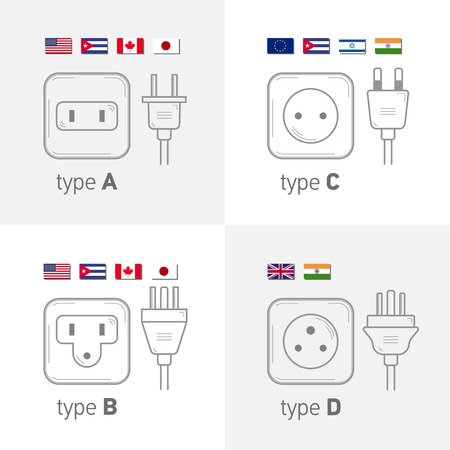 Different type power socket set, vector isolated icon illustration for different country plugs. Type ABCDのイラスト素材