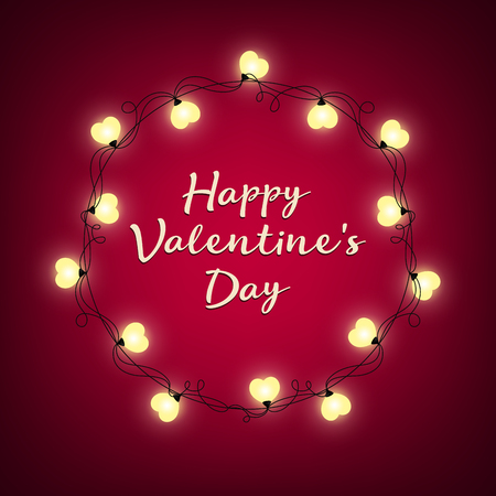 Valentines Day background. Vector retro light sign. Heart shape. Decorative festive heart-shaped bulbs lights wreath. Holiday garlandのイラスト素材