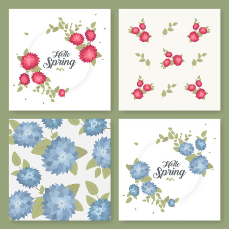 A set of flyers, brochures, templates design. Vintage cards with flower patterns and ornaments. Floral decorations, leaves, flower ornaments. Spring or summer banners vectorのイラスト素材