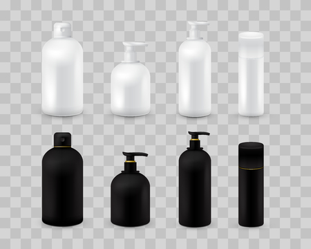 Blank cosmetic package collection set isolated on transparent checkered. Realistic cosmetic bottle mock up set. Shampoo and cream pack. Black and white colorのイラスト素材