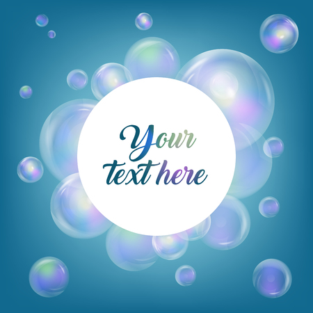 Blue Bubble Theme with place for your text. Abstract composition. Blue ocean water texture. Soap bubbles. Creative marine figure icon. Circle beads surface. Sea banner form. Sphere flyer fontのイラスト素材