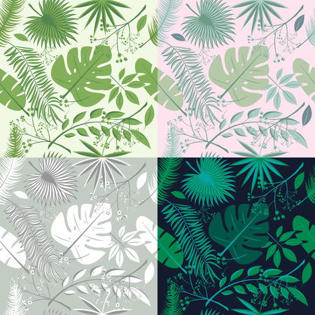 Tropical seamless patterns collection. Set of hawaiian plants, palm leaves. Good for wallpaper, invitation cards, textile print. Vector illustration. Botanical floral, trendy illustrationsのイラスト素材