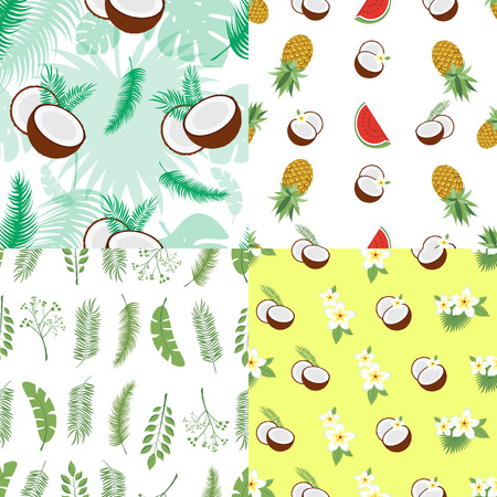 Set of seamless summer patterns. Backgrounds with leaves of a palm tree, fruits, flowers and coconuts. Vector illustration. Easy to use for backdrop, textile, wrapping paper, wall postersのイラスト素材