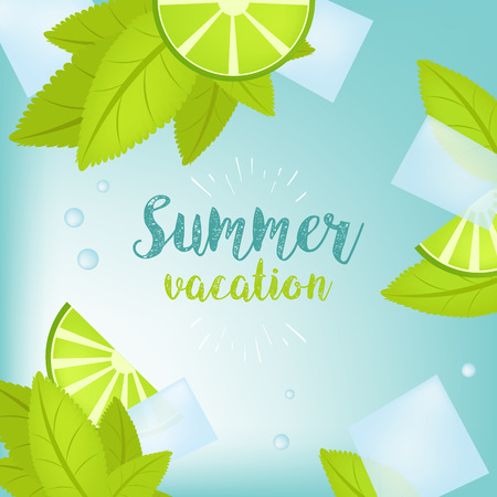 Vector Summer Time Holiday typographic illustration. Tropical plants, palm tree, fruits, flowers. Lime and ice cubes. Mojito. Eps 10 designのイラスト素材