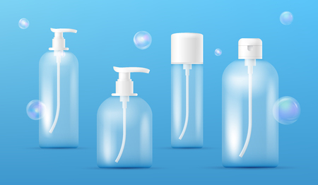 Set of Transparent Perfume Bottles. Clean plastic bottle template with dispenser for liquid soap, shampoo, shower gel, lotion, body milk with transparent colorful soap bubbles. Packaging collectionのイラスト素材