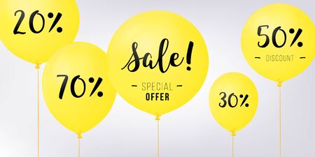 Flying balloons, concept of SALE for shops. Yellow flying party balloons with text SALE. discount concept vector illustrationのイラスト素材