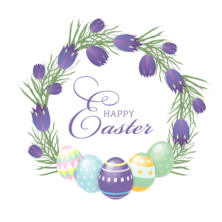 Happy Easter background template with beautiful flowers and eggs. Happy Easter big hunt or sale banner lettering with Colorful Eggs. Vector illustrationのイラスト素材