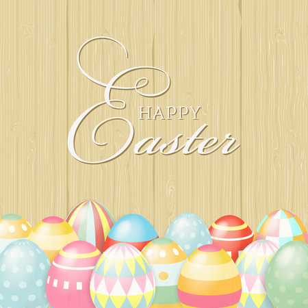 Colorful Happy Easter greeting card with eggs and lettering elements composition on a wooden background.のイラスト素材