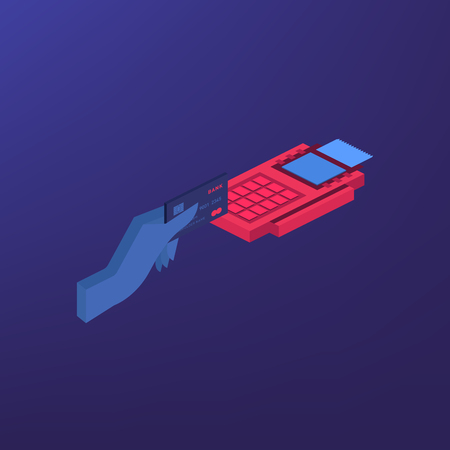 Isometric POS terminal confirms the payment by debit credit card. Vector illustration in flat design. NFC payments concept.のイラスト素材