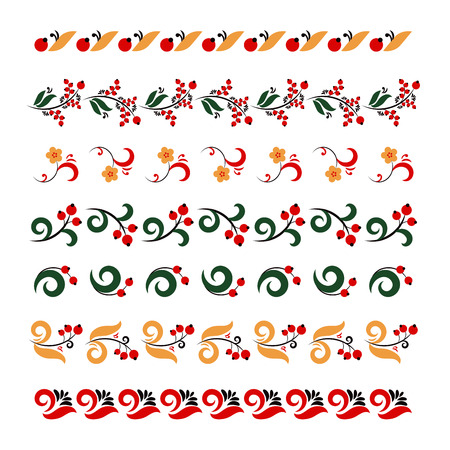 Set of traditional embroidery. Vector illustration of ethnic seamless ornamental patterns. Traditional Russian frames set in khokhloma style. For banner, card, poster, invitation, label, menu.のイラスト素材