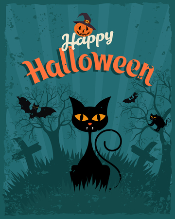 Happy Halloween vintage poster. Bat and spider, Cute pumpkin in a hat spooky scary smile and black cat on the night background of the cemetery. Vector illustrationのイラスト素材