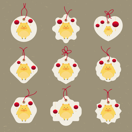 Chinese New Year 2019 creative tags collection. New 2019 Year with cute pigs. Symbol of the year in the Chinese calendar. Vector illustration cartoon isolated. Year of yellow pigのイラスト素材
