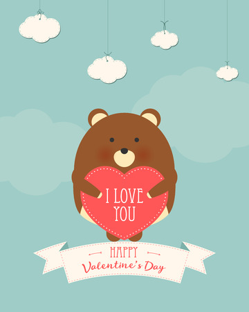 Vector cartoon style illustration of Valentine's day romantic gift card with cute bear holding heart in his hands. Be My Valentine textのイラスト素材