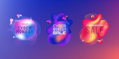 Set of Sales. Black Friday, Cyber Monday and Autumn Sale. Liquid vector colorful shapes. Abstract modern graphic elements on the dark background. Vector Illustrationのイラスト素材
