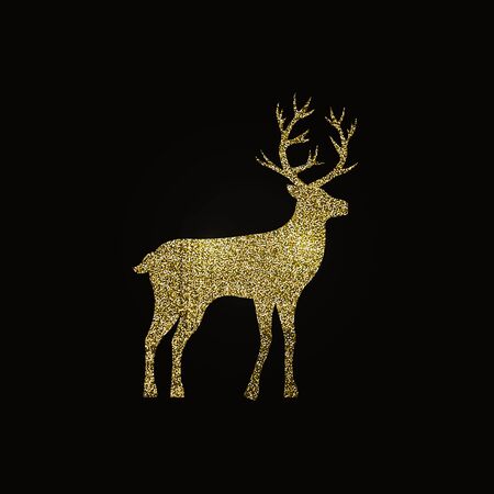 Golden deer on black background. Isolated illustration. Happy new year black background. Winter holiday card. Merry christmas gold deer luxury greeting card design. Design template. Golden decoration.のイラスト素材