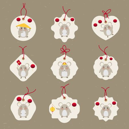 Set of Chinese tag stamps with mouse on paper background. Vector illustration. Title translation Happy New Year, symbol in red stamp means Zodiac sign Ratのイラスト素材