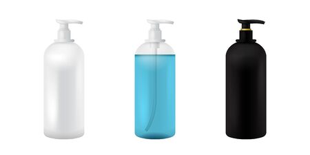 Plastic Cosmetic Bottle. Isolated Black, White and transparent Mockup for soup, shampoo, Gel, Spray, Body Lotion, Shampoo. 3d Realistic Container Template. Clear Medical Packaging Mockup Set.のイラスト素材