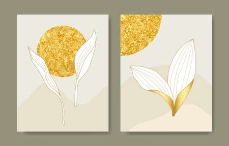 Luxury cover design template. Tropical line arts hand draw gold exotic flower and leaves. Design for packaging design, social media post, cover, banner, Wall arts, Gold geometric pattern design vectorのイラスト素材