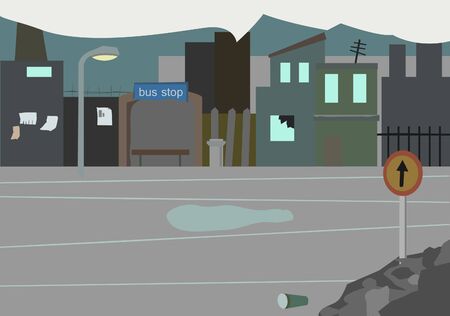 Abandoned dirty street. Flat stylized.  Broken windowのイラスト素材