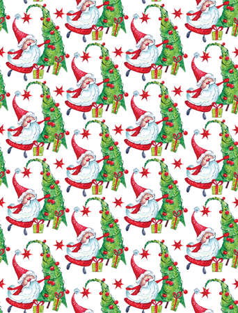 Merry Santa Claus near the Christmas tree, decorated with red balls with beautiful gifts. Happy new...