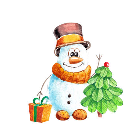 Funny snowman in a hat with a Christmas tree and a gift. New year and winter.の写真素材
