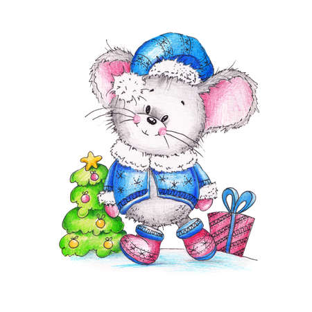 Gray funny mouse, in a blue cap, coat and boots near the Christmas tree with a gift painted in watercolor on a white background, isolatedの写真素材